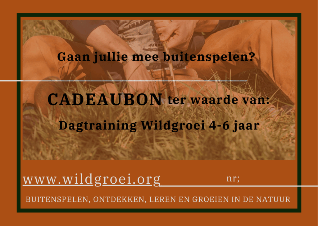 Een relatiegeschenkbon voor een buitentraining ‘Wildgroei’ voor kinderen van 4 t/m 6 jaar. Met op de achtergrond een foto van buitenspelende kinderen en een tekst die uitnodigt tot deelname aan natuuractiviteiten.